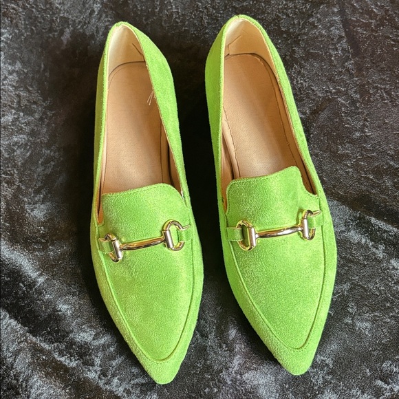 Green Pointy Toe Suede Loafers with Gold Horsebit Accent - Picture 5 of 6